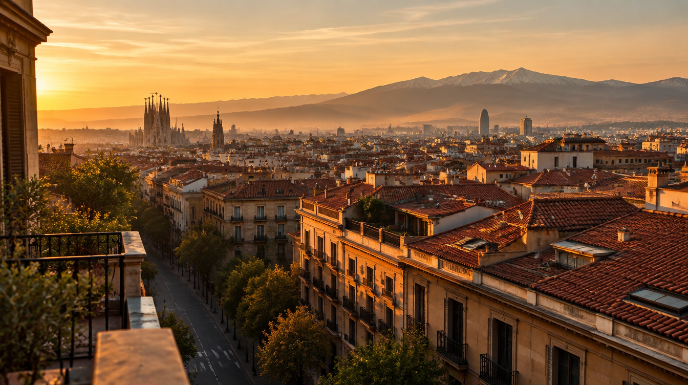 Barcelona rooftops at sunrise with the Pyrenees on the horizon.