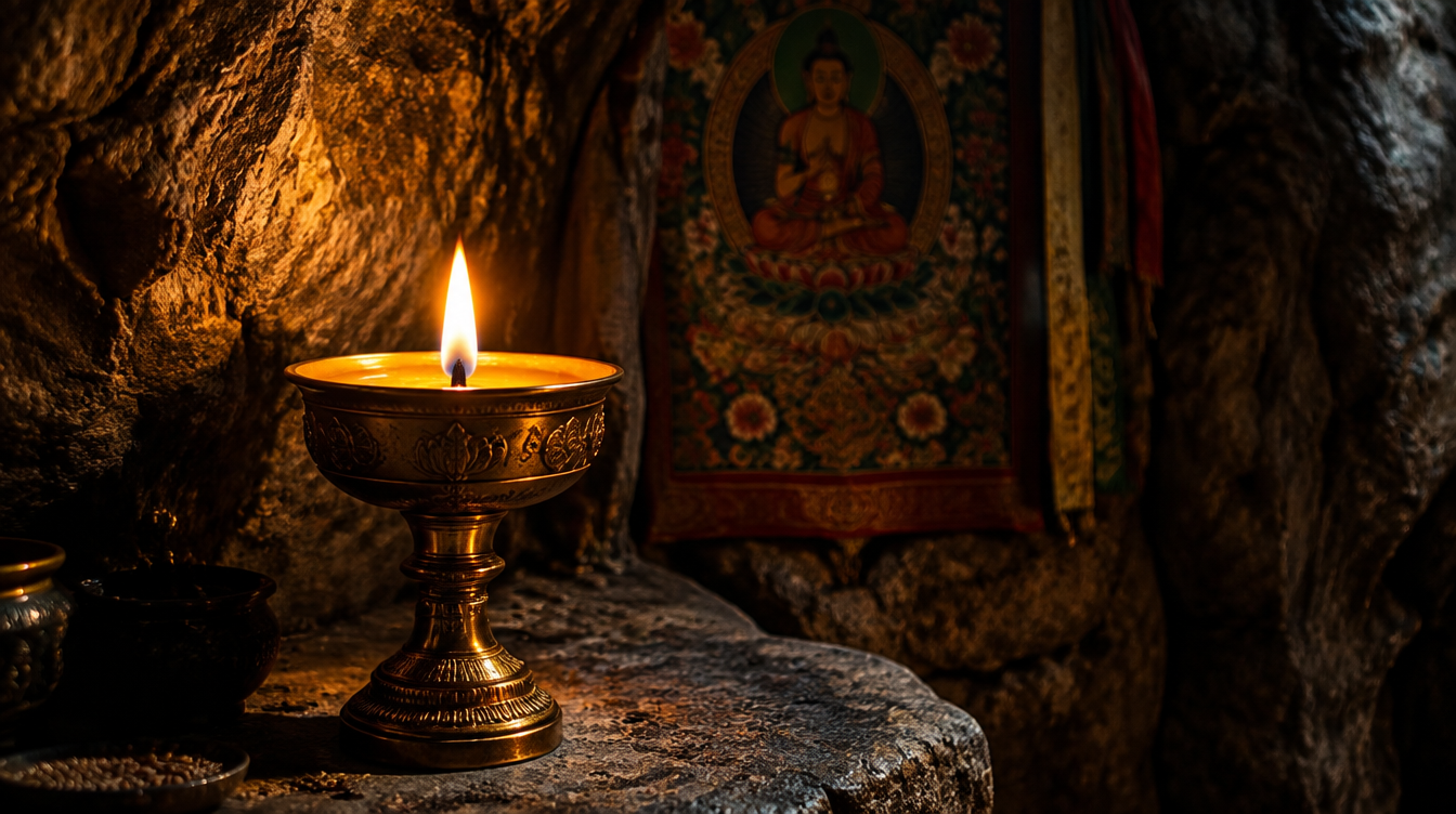 A single butter lamp in a Tibetan cave shrine.