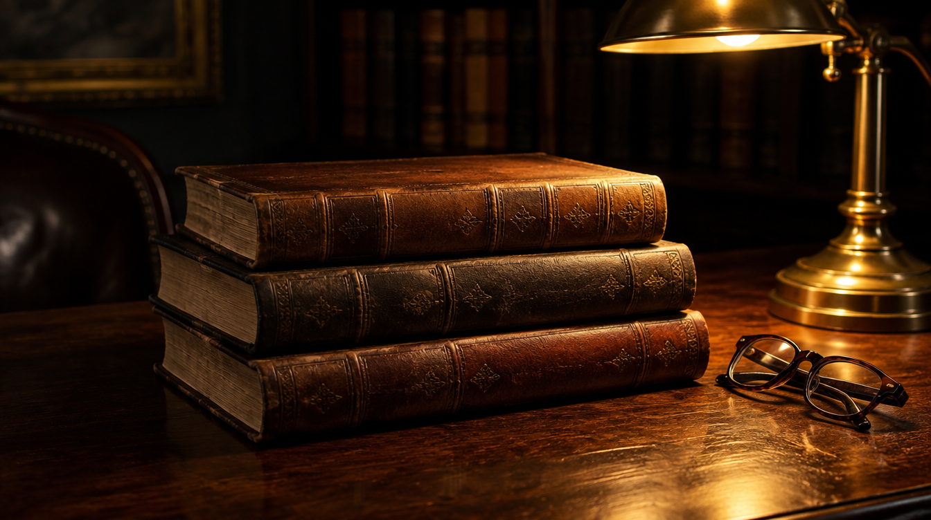 Three classical texts stacked on a wooden desk beside a brass reading lamp.