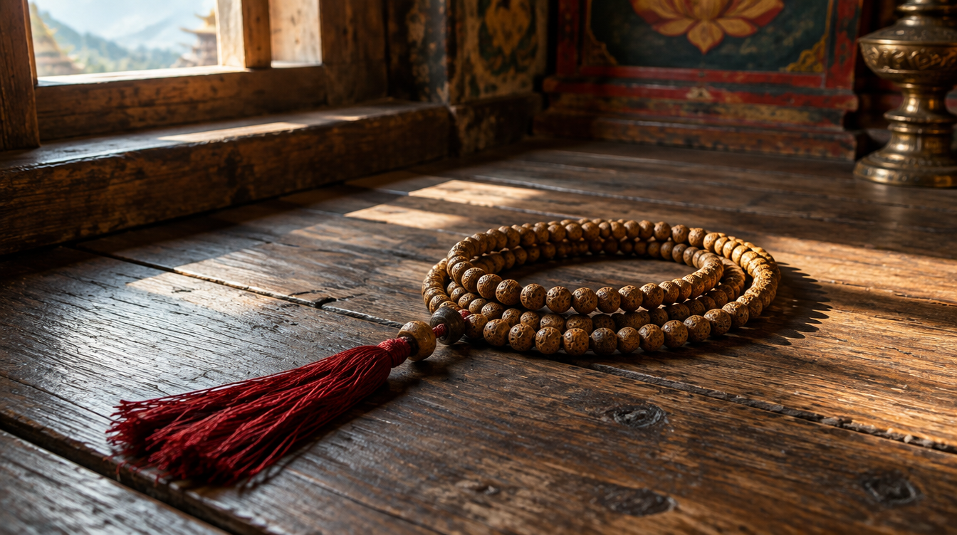 A mala of 108 beads on a wooden temple floor.