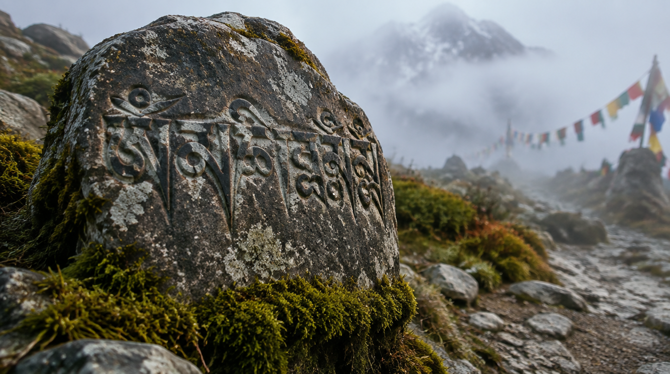 A weathered mani stone on a mountain path.