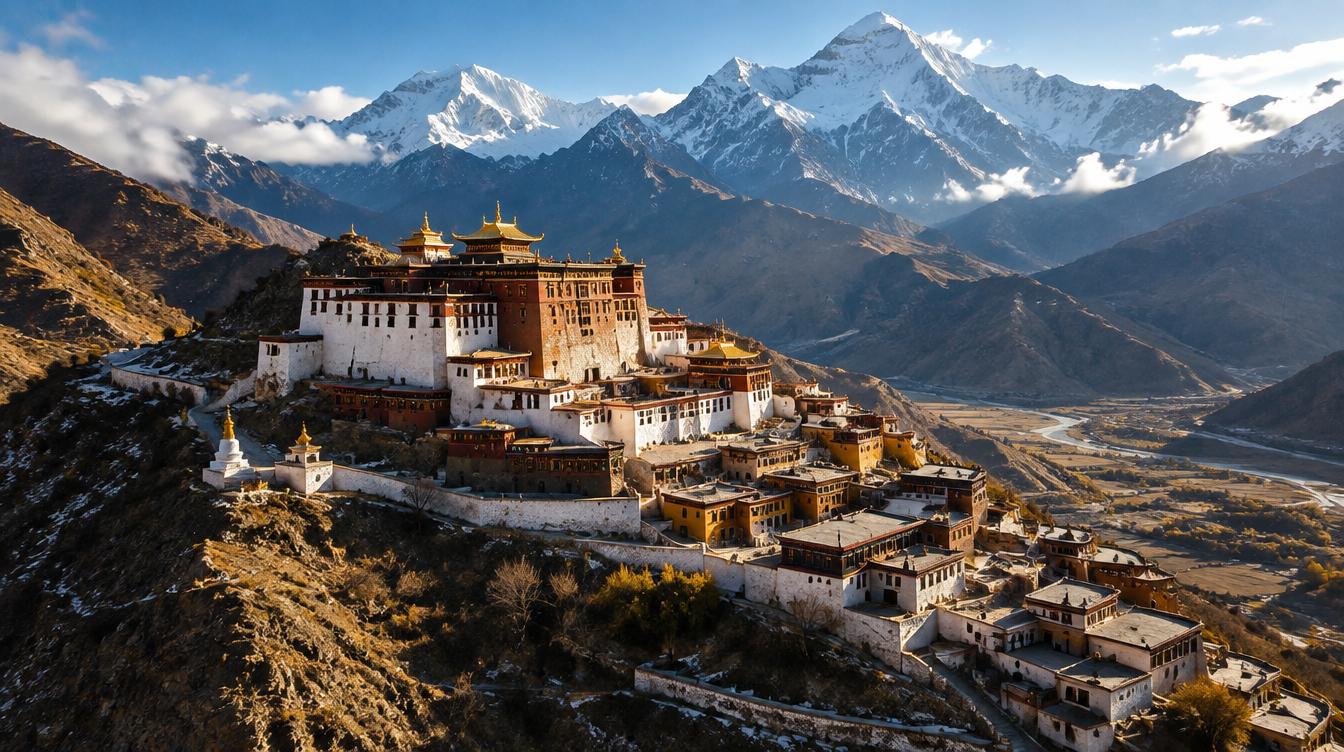 An ancient Tibetan monastic complex nestled in the Himalayas.