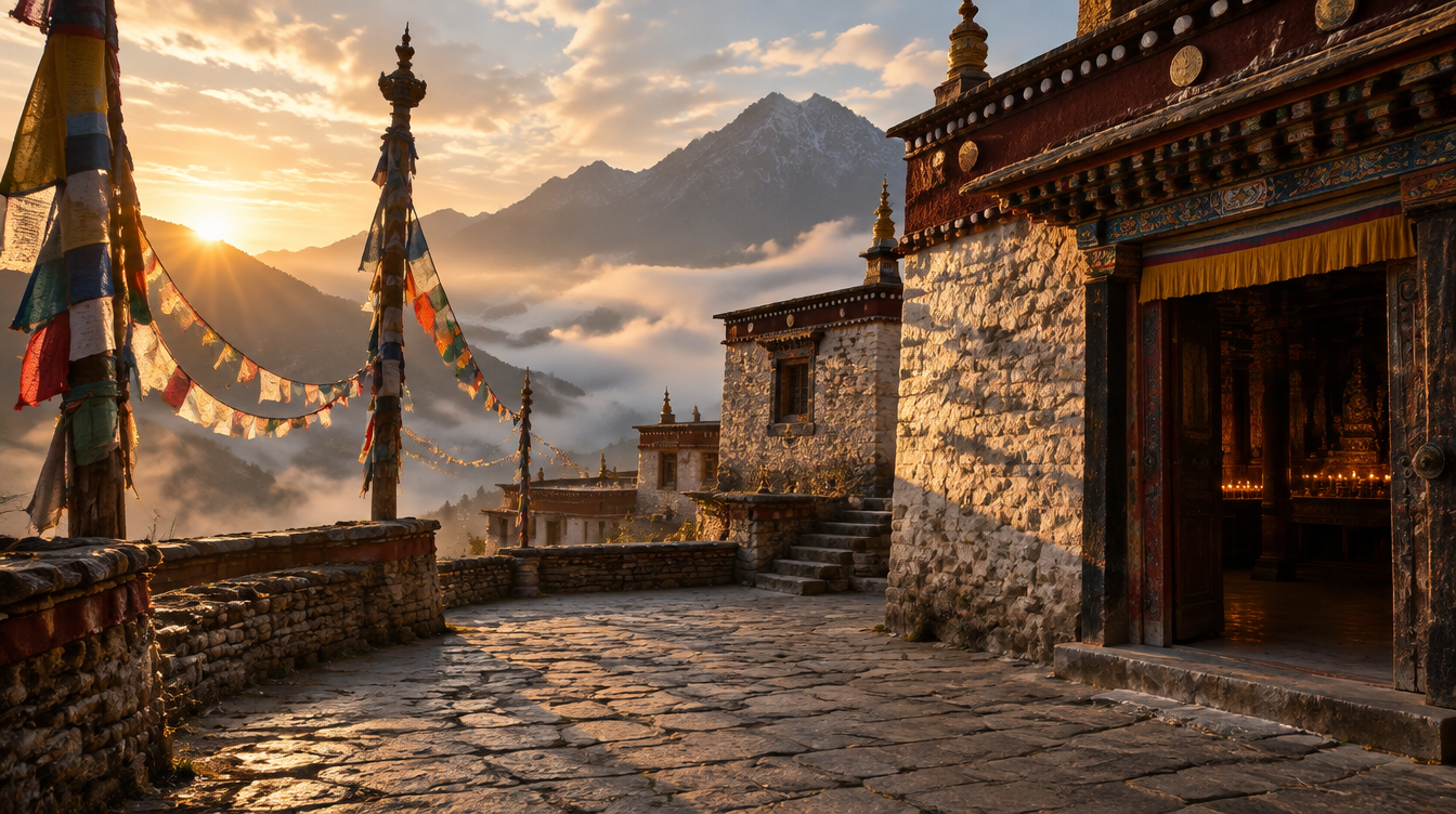 A Tibetan monastery courtyard at dawn.