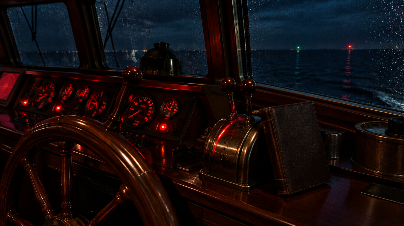A single-lit wheelhouse at night — the reading light of a long watch.